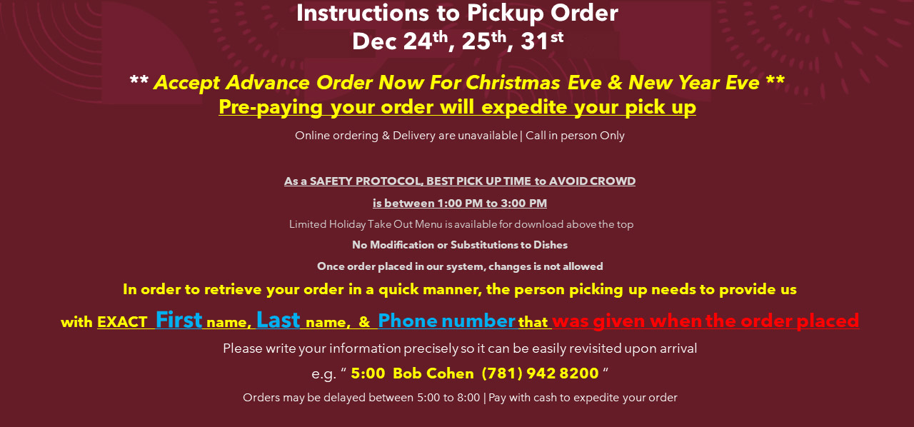 Instructions For Pickup Order